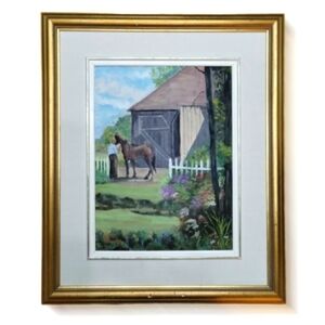 1970s Signed Oil Painting Horse Stable Scene | Framed Canadian Art